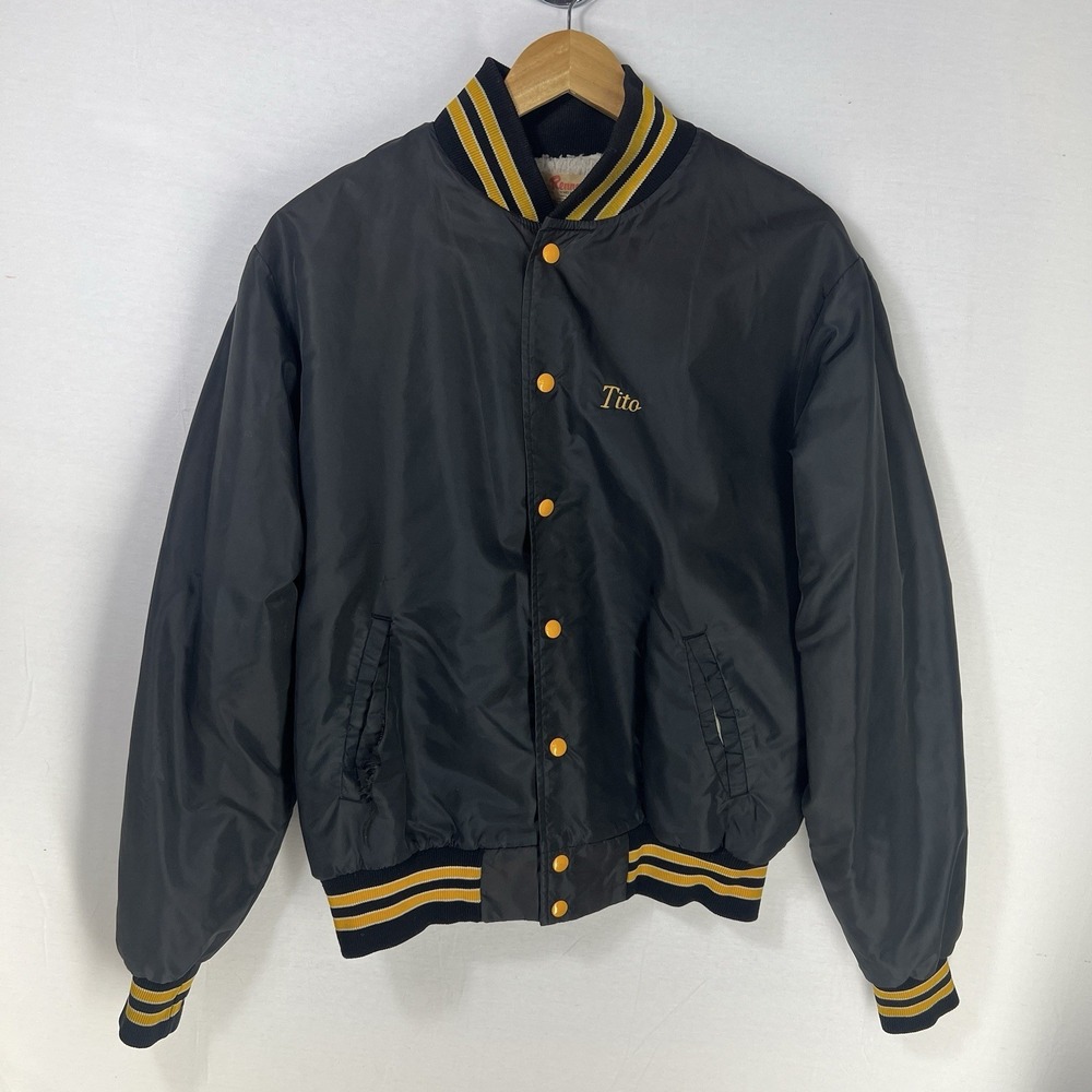 Vintage Renno Varsity Jacket L 44-46 Black Sherpa Lined Snap Jacket "Tito"